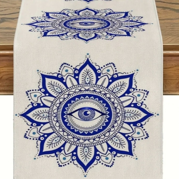 100% Knitted Linen Blue Boho Henna Mandala Evil Eye Dustproof Table Runner NEW - Picture 5 of 7